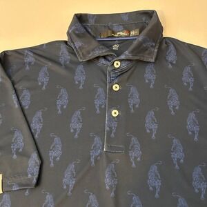 RLX Ralph Lauren Mens M Navy Blue Tiger Print Golf Polo Shirt Performance UPF50+